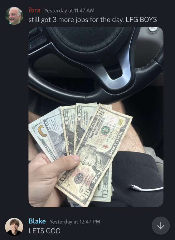 Member: cash collected with three more jobs left that day